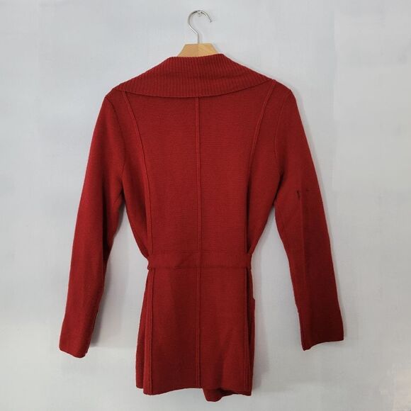 Fenn Wright Manson Knit Cardigan Sweater Belted Red Merino Wool Blend *Flaw* M - Picture 4 of 7